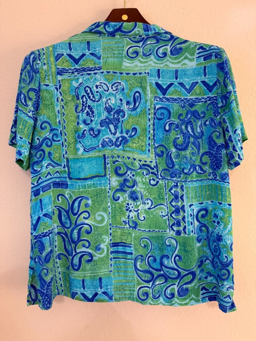 Vintage 90s CM Shapes Blue Green Printed Button Down Blouse L/XL - Picture 7 of 10